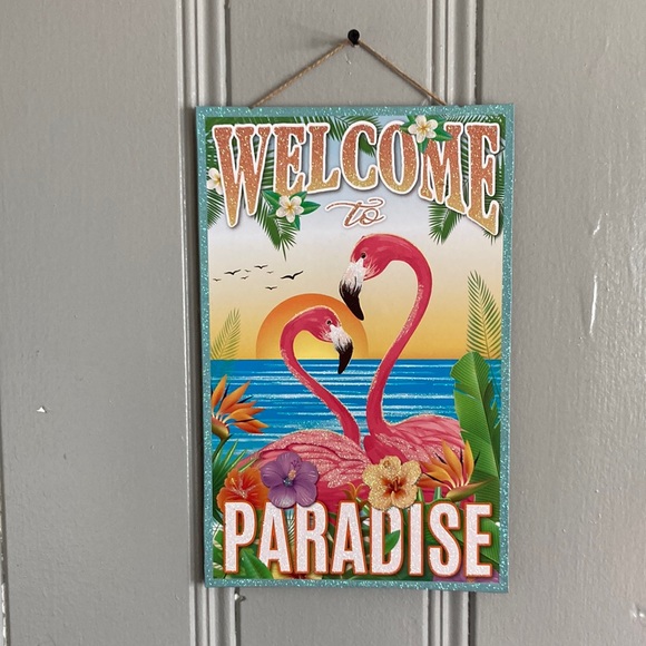 Brand NWT Stunning Glittered Welcome To Paradise Tropical 🦩 🌺 Home Decor Sign - Picture 1 of 9